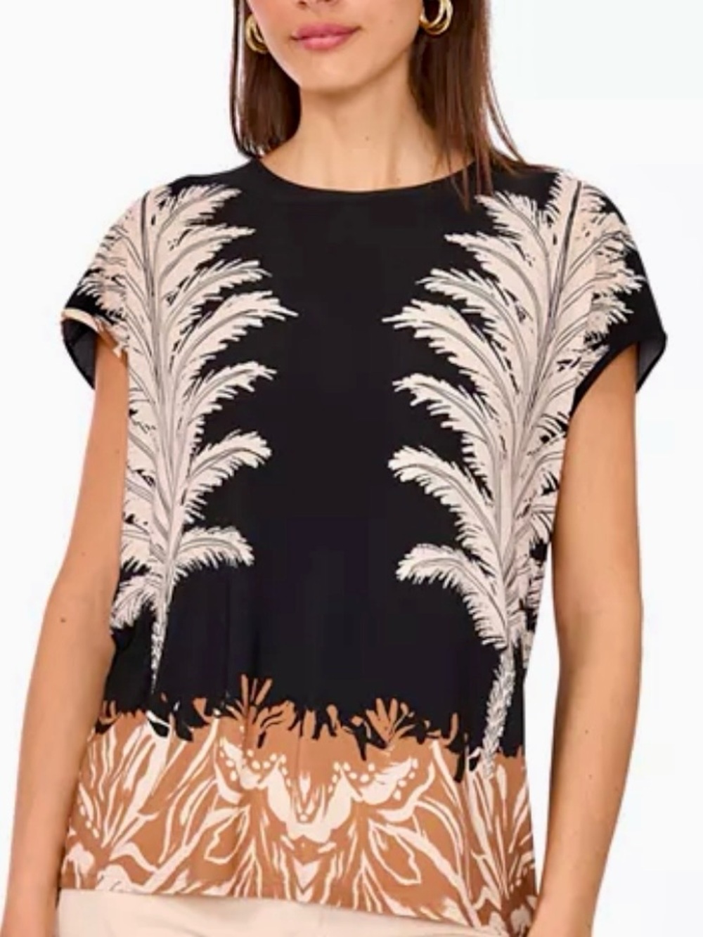 Vince Camuto Black Blouse with Beige Palm Print